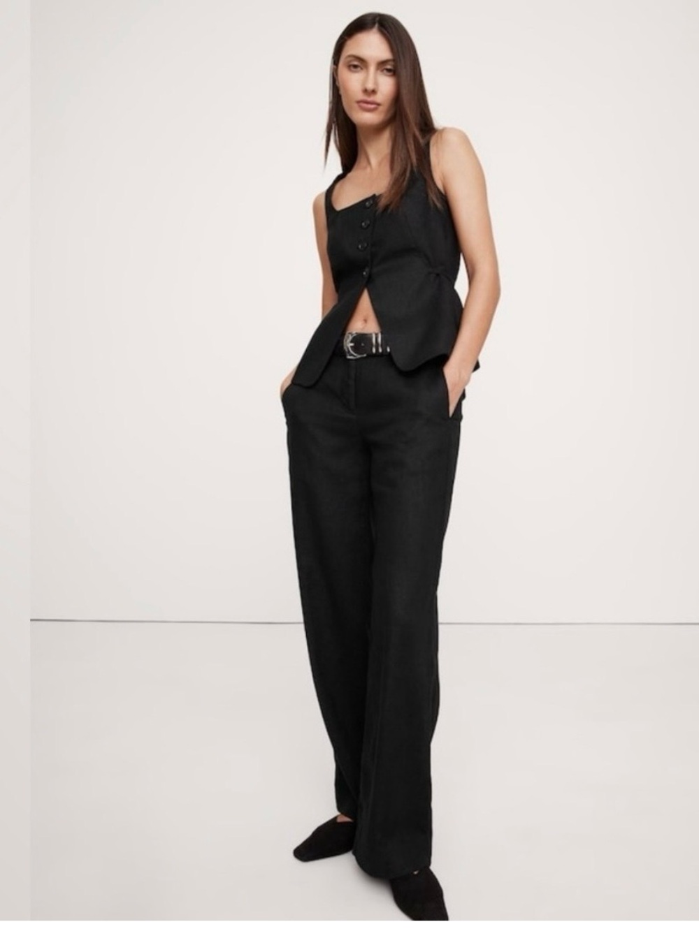NWT-Banana Republic Black Everyday Wide Leg Linen Pant,  Small Petite
